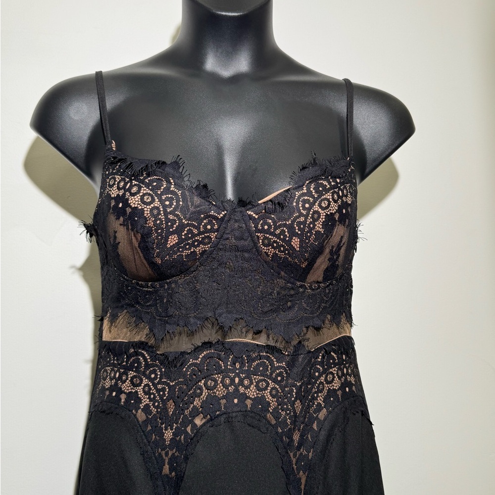 May & July Black Lace Corset Maxi Dress L Sheer Bodice